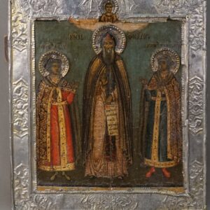 Икона «Святые благоверные князья ярославские Федор и чада его Давид и Константин», дерево, левкас, темпера; басма серебро по реактиву, конец XVII века, 31,4 × 27,7см