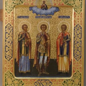 Икона «Святой Великомученик Димитрий Солунский и Святые Мученики Флор и Лавр», дерево, левкас, темпера, золочение, холодные эмали, конец XIX века, 31 × 27см