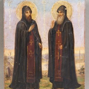 Икона «Святые Василий и Феодосий Печерские», дерево, масло, 17,6 × 14,5см, XIX век